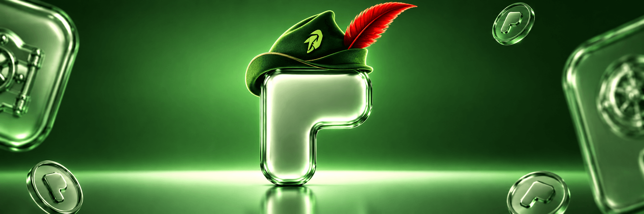 The PONZHOOD mark — a chrome vault glyph in a feathered green cap — standing between glass vault doors